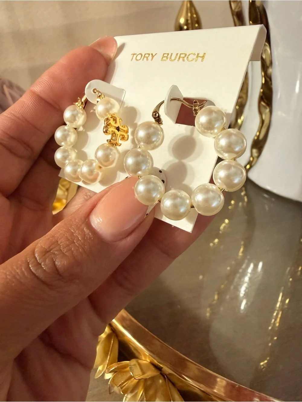 Tory Burch Gold & Pearl Hoop Earrings